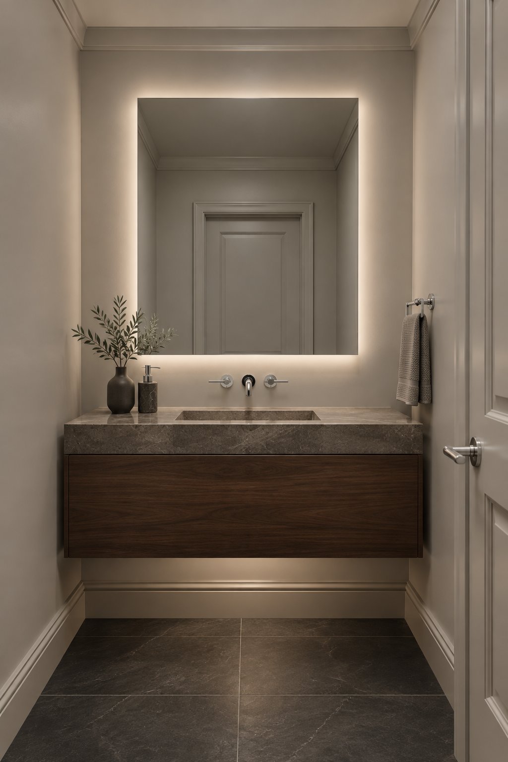 A powder room with a floating dark wood vanity, wall mirror, gray walls, and dark tiled flooring.