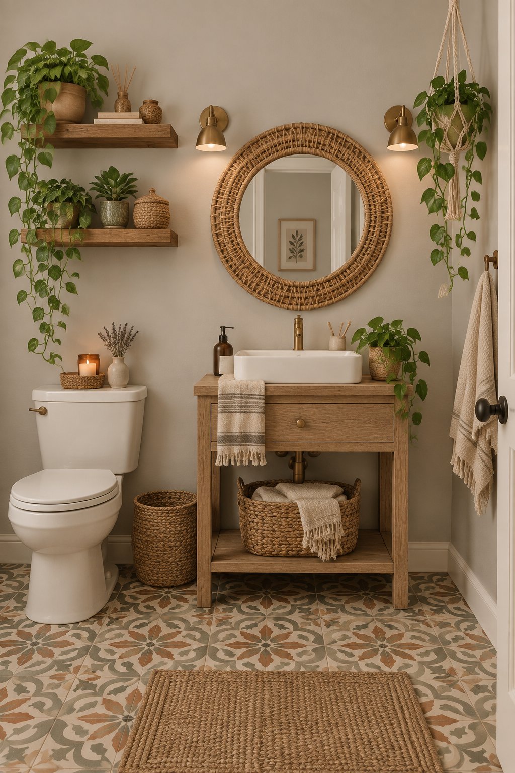 A warm bathroom with gray walls, green plants, wooden shelves, a round mirror, and patterned floor tiles.