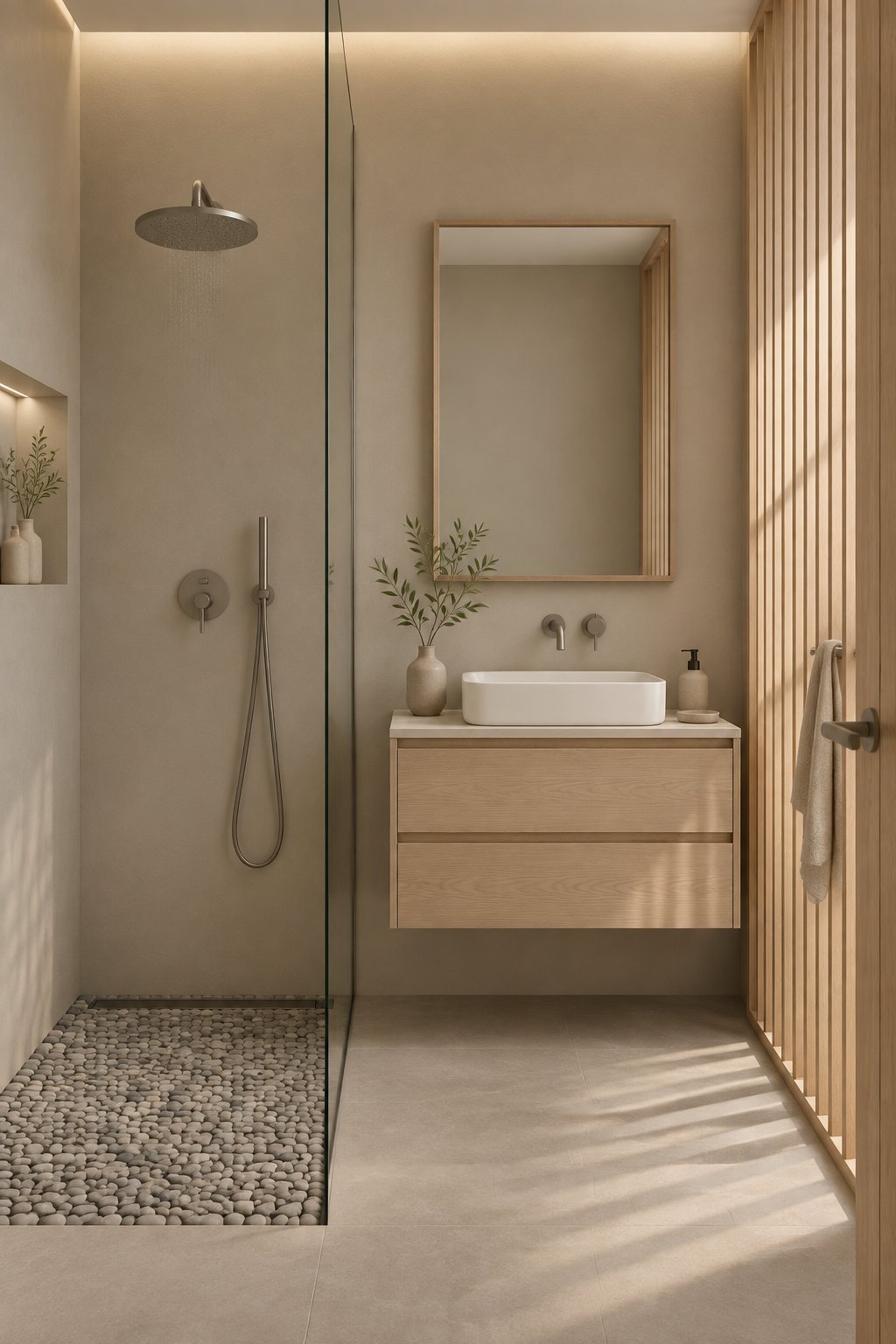 A calm bathroom with gray walls, a pale wood vanity, a white basin, a wooden screen, and a pebble-stone shower floor.
