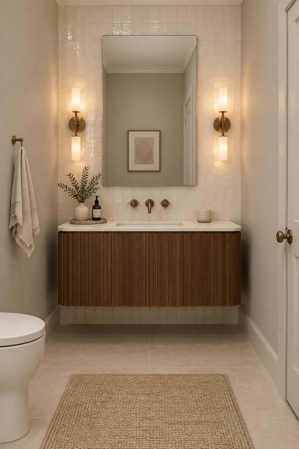 A contemporary bathroom with a walnut vanity, tiled accent wall, large mirror, wall sconces, and porcelain flooring.