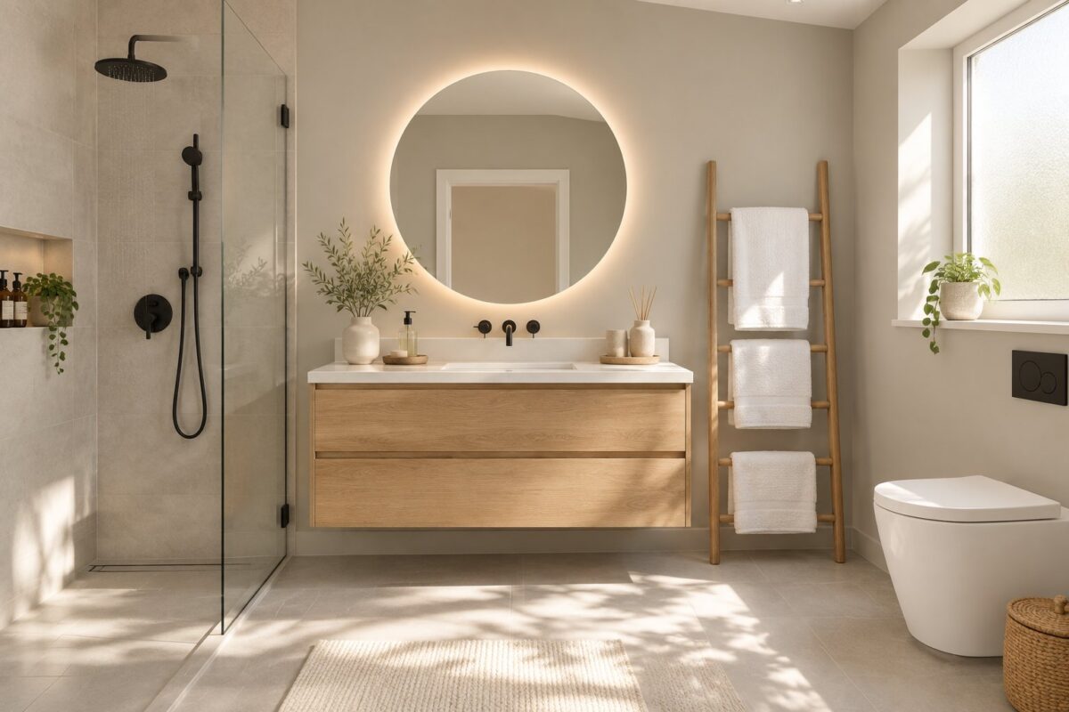 A bright modern bathroom with a floating wood vanity, round mirror, white towels, and sunlight across gray floor tiles.
