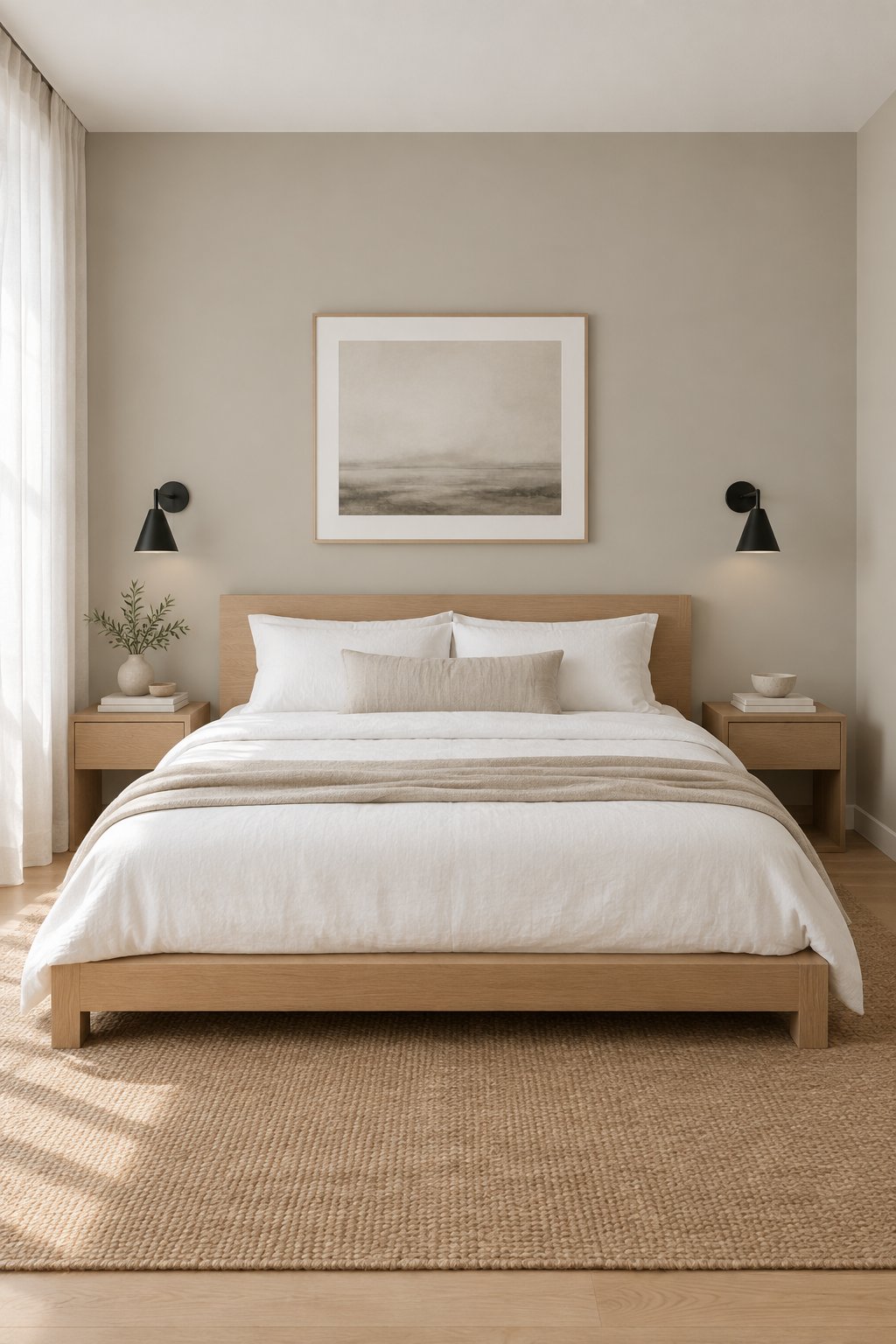 A bedroom with a low wooden bed, white bedding, gray walls, black wall lights, and sheer curtains.