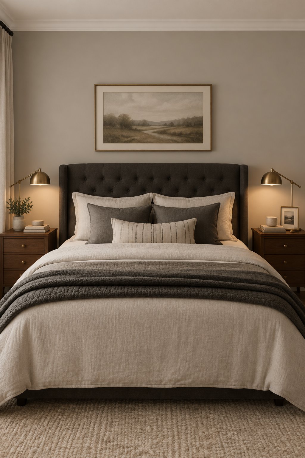 A cozy bedroom with gray walls, a dark tufted headboard, wooden nightstands, brass lamps, and layered neutral bedding.
