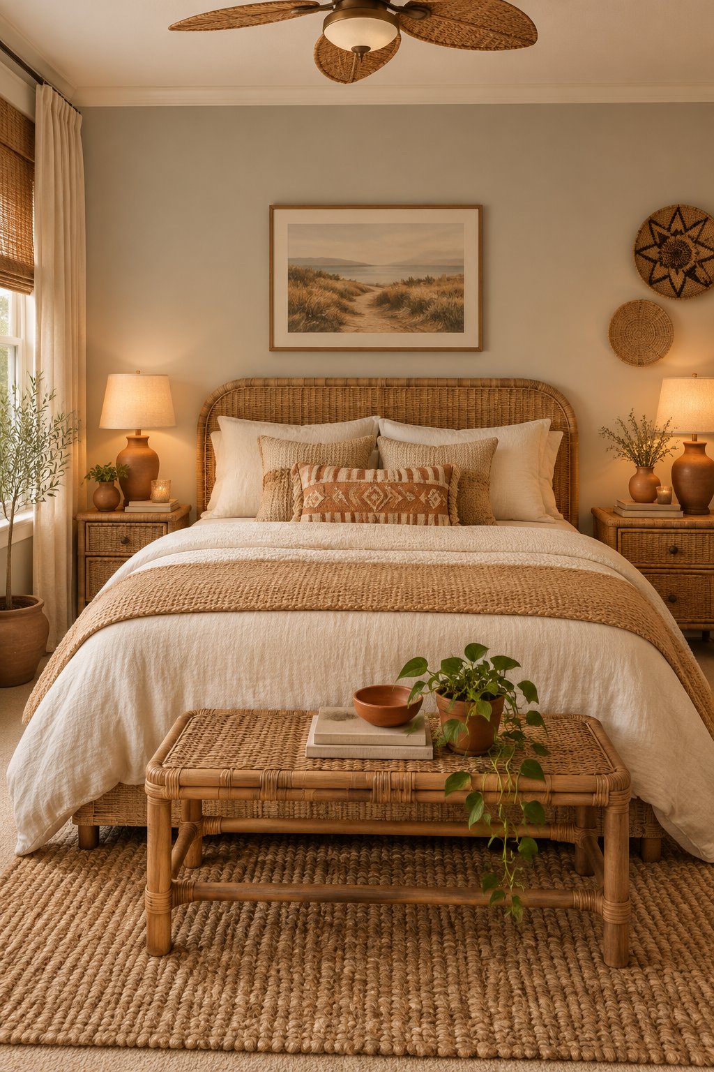 A cozy bedroom with a bed, neutral walls, woven furnishings, layered textiles, pottery, and warm lighting.