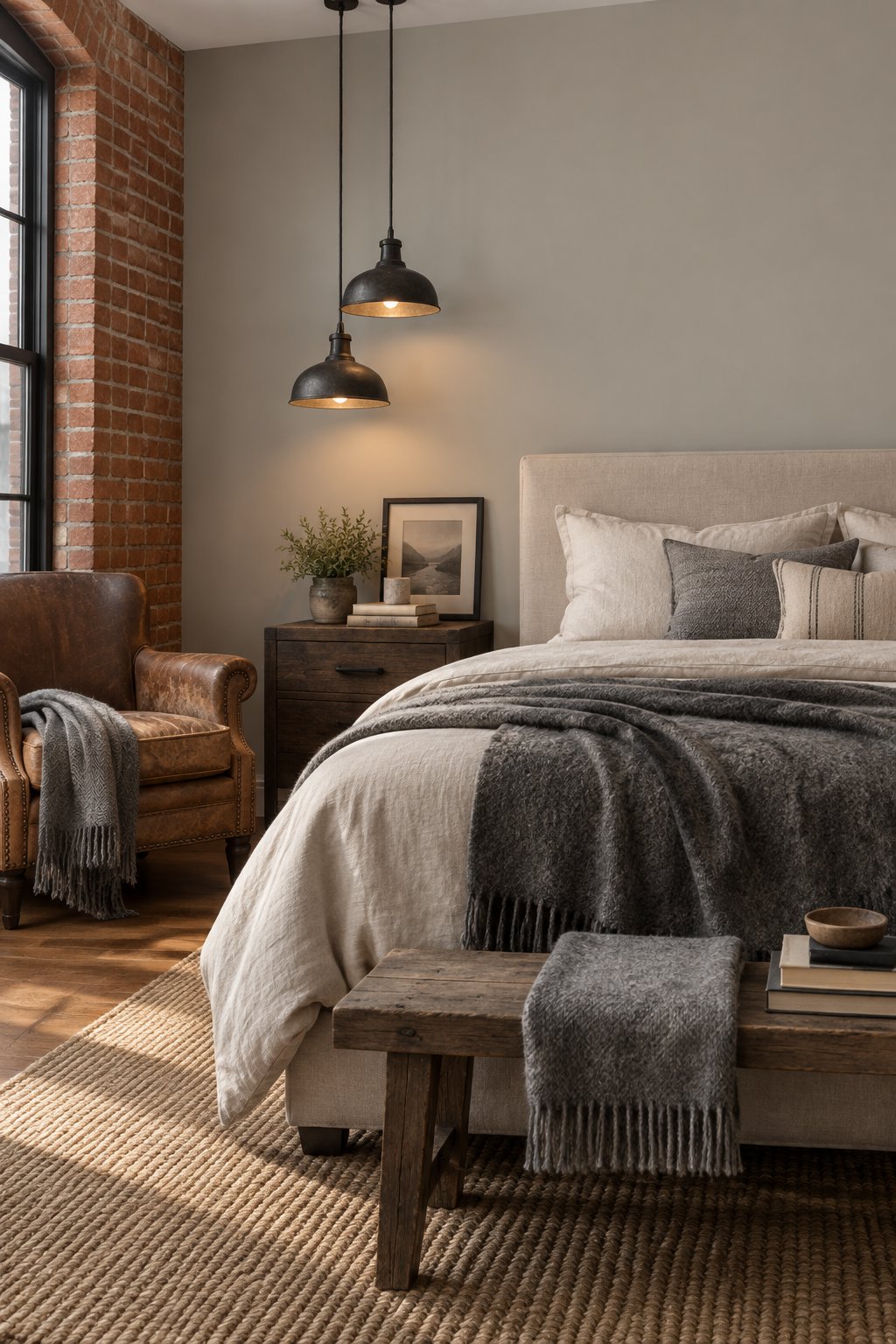 A bedroom with a gray main wall, an exposed brick wall, a tan armchair, hanging lights, and gray throws.