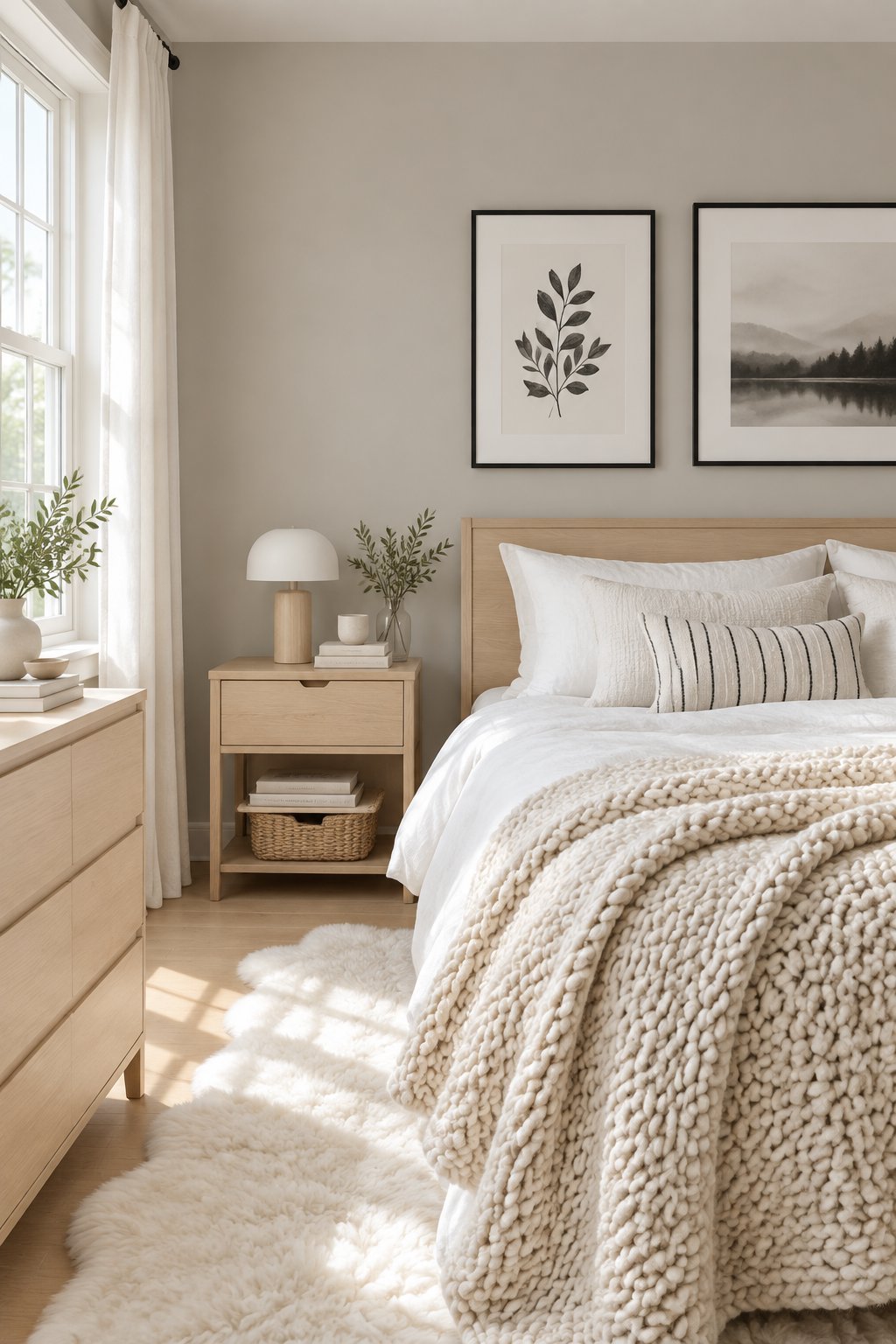 A bright bedroom with gray walls, light wood furniture, white rugs, soft blankets, and framed wall art.
