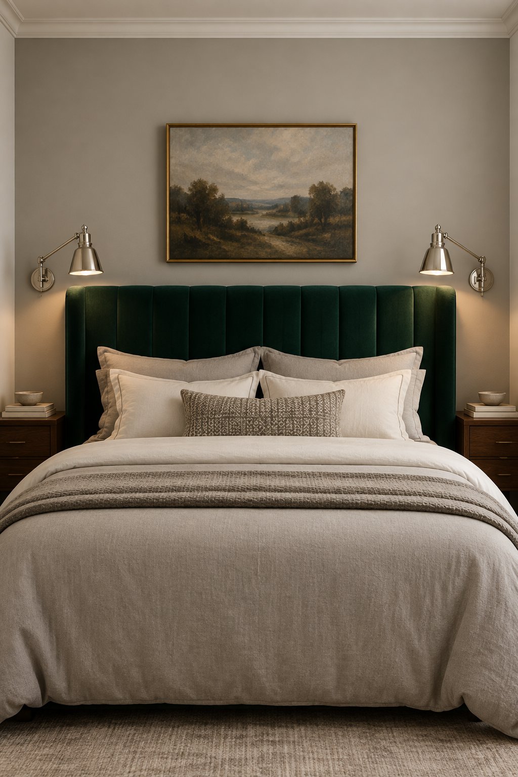 A sophisticated bedroom with a gray accent wall, emerald green headboard, wall-mounted lamps, and neutral bedding.