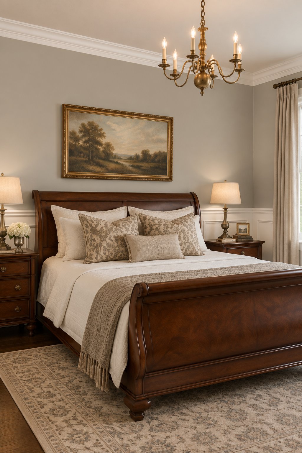 A bedroom with a wooden bed, decorative pillows, wall molding, and a hanging chandelier.
