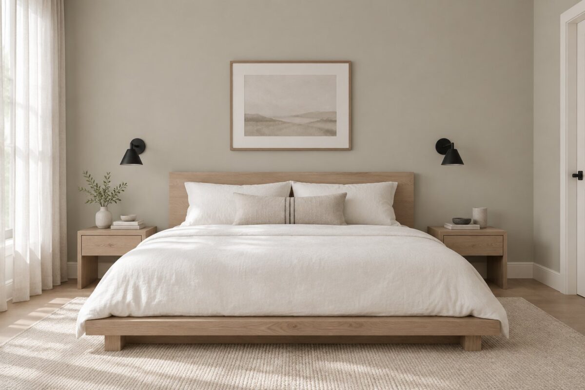 A minimalist bedroom with a low wooden bed, white bedding, gray walls, black wall sconces, and sheer curtains.