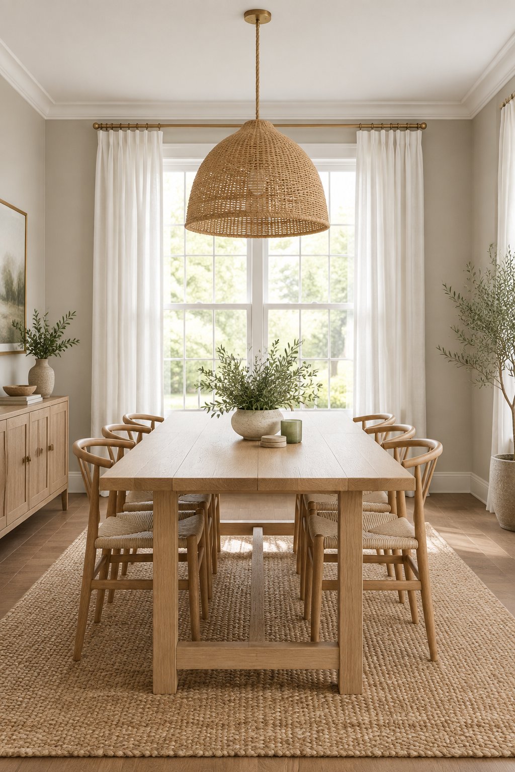 A bright dining room with a wooden table, pendant light, large window, white curtains, and green plants.