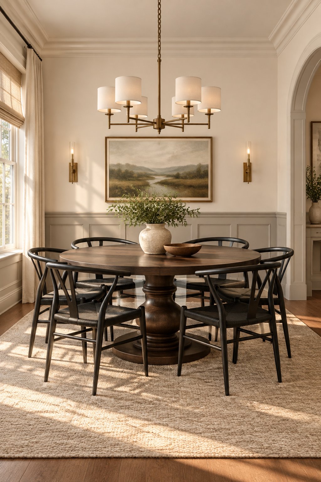 A dining room with paneled lower walls, a wooden table, black chairs, and sunlight across the floor.