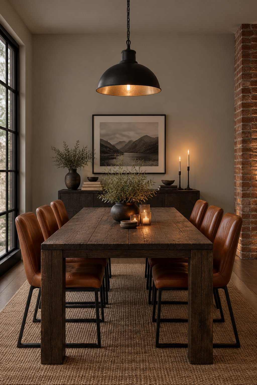 A dining room with a dark wood table, leather chairs, gray walls, pendant lights, black framing, and a brick column.