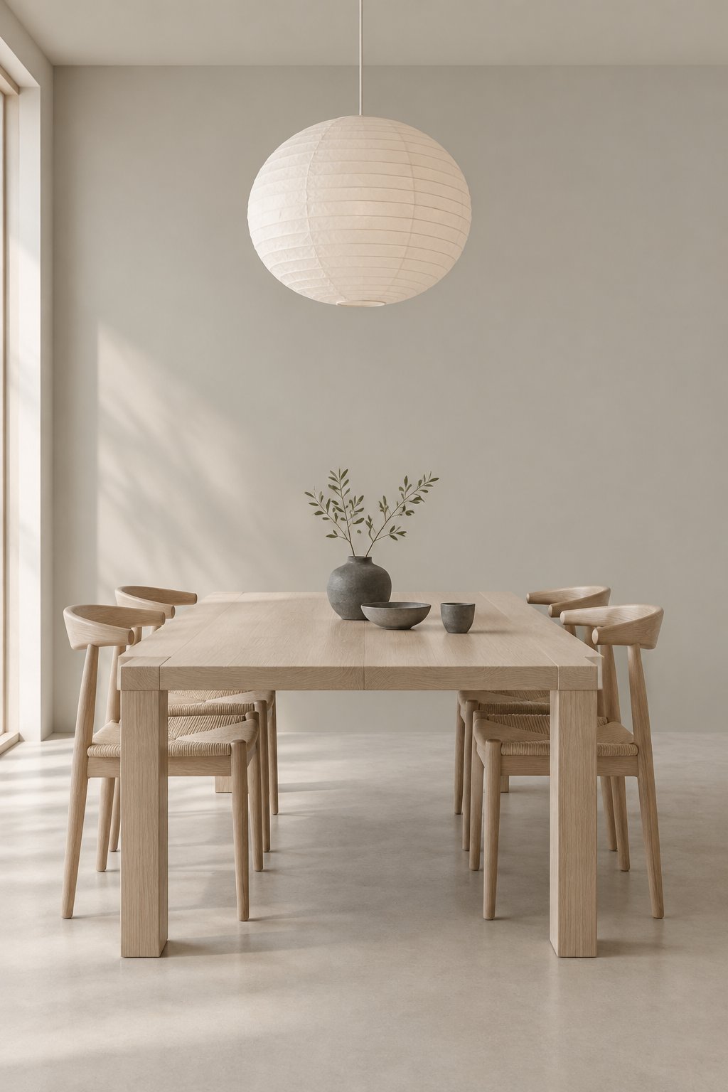 A bright dining room with gray walls, a light wood table, paper pendant lights, and simple dark ceramic dishes.