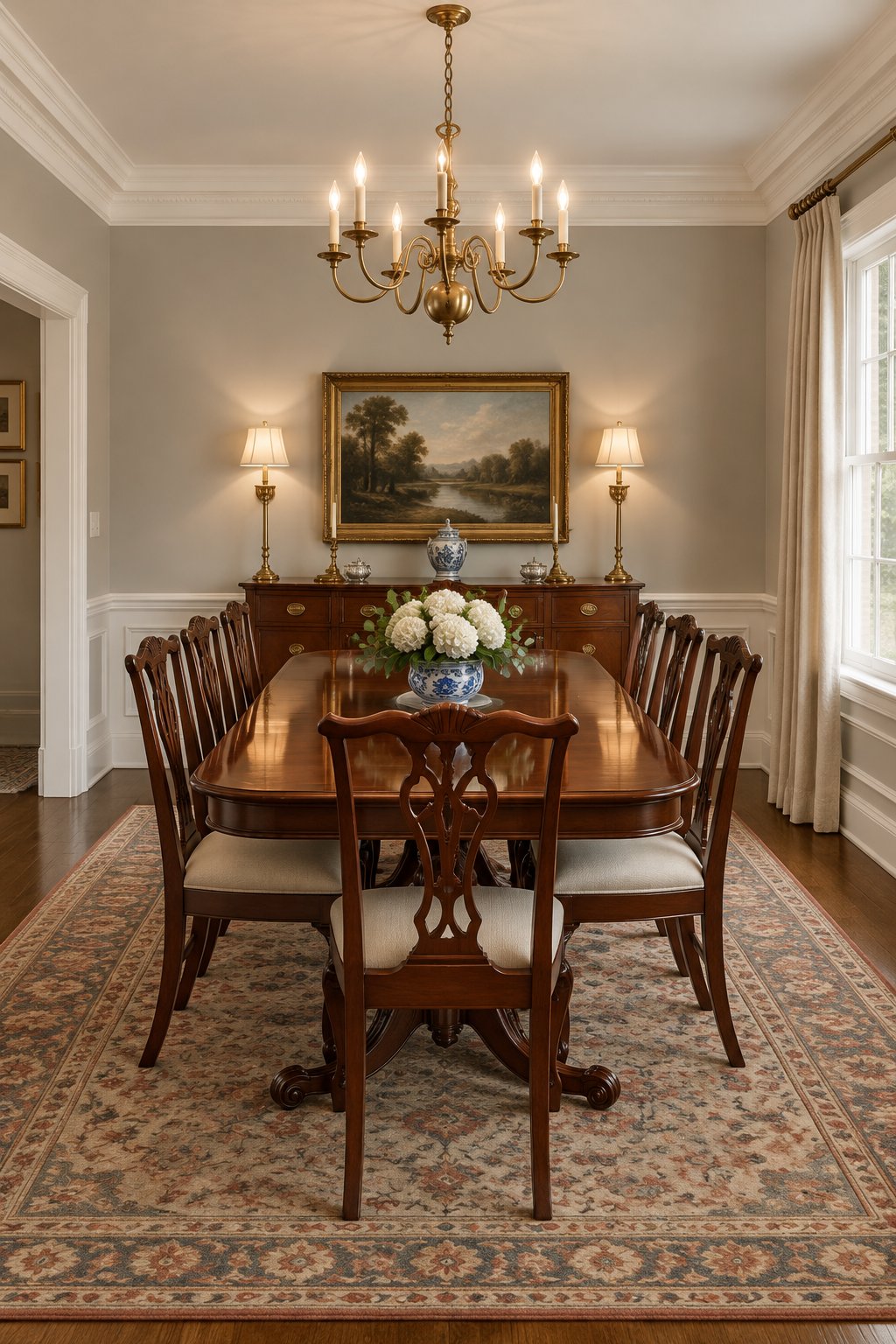 A formal dining room with a wooden dining table and chairs, a patterned rug, white trim, and a brass chandelier.