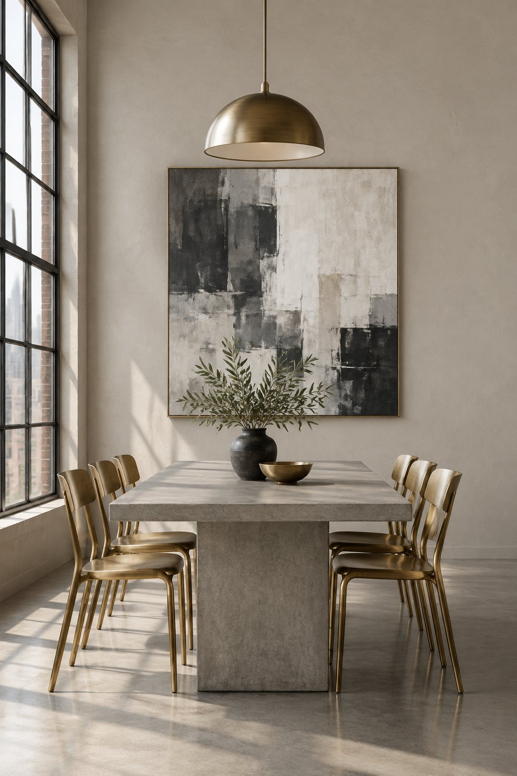 A loft dining area with a table, metal chairs, large windows, and abstract wall art.