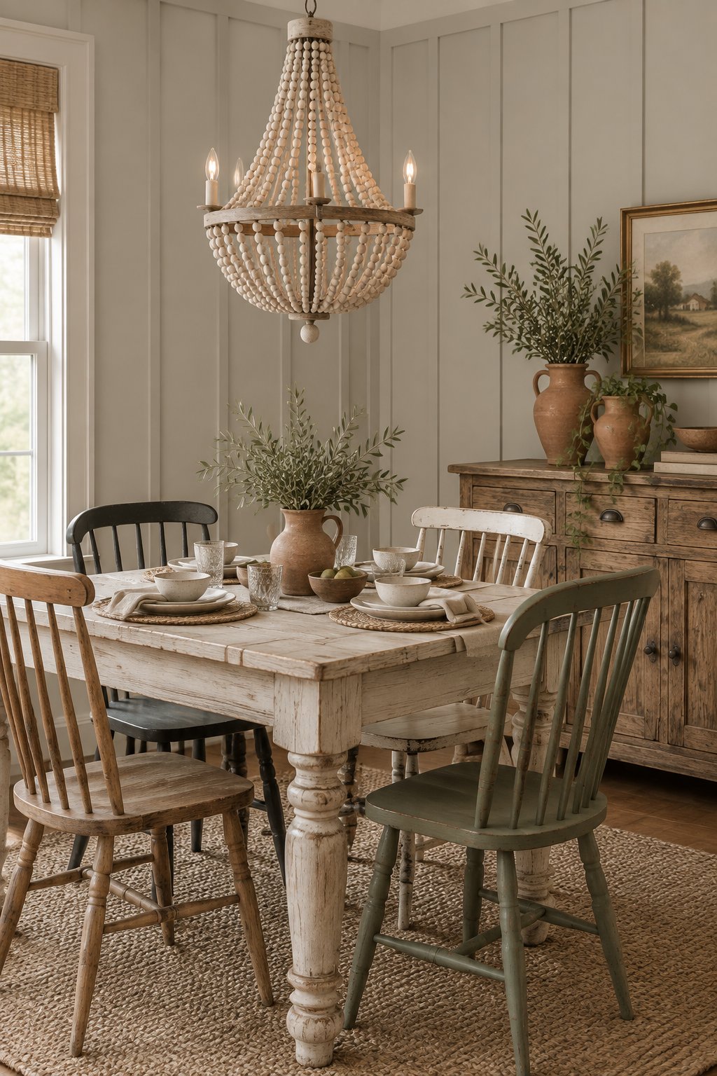A cozy dining nook with paneled walls, a harvest table, mismatched chairs, a chandelier, and greenery in terracotta vases.