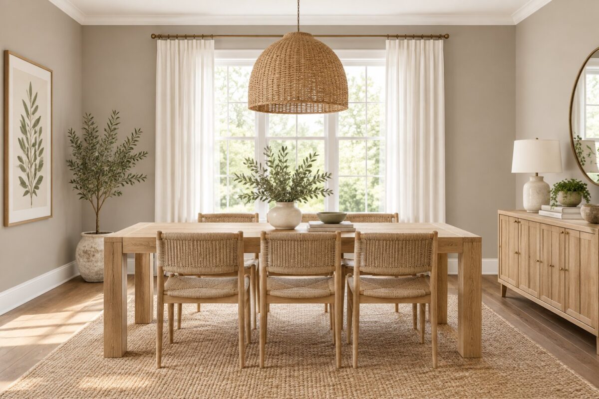 A bright dining room with a wooden table, pendant light, large window, white curtains, and potted greenery.