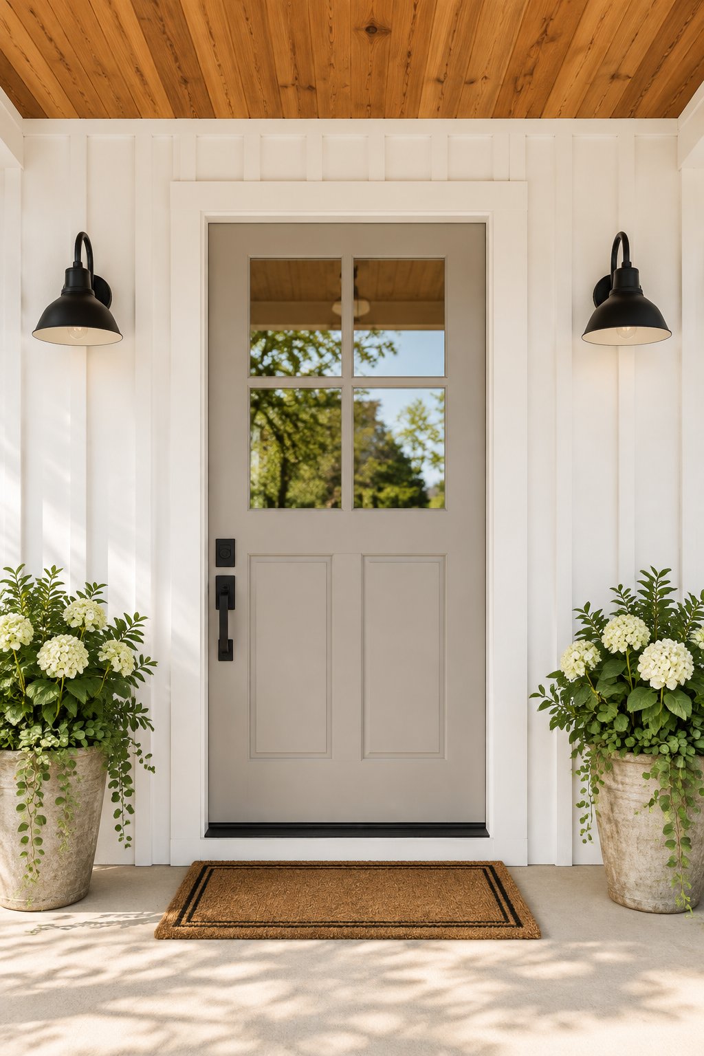 A farmhouse front entry with a gray door, white siding, black wall lights, a wood porch ceiling, and a doormat.