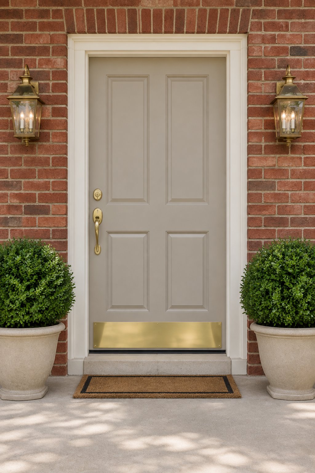 A traditional brick home entrance with a gray front door, brass hardware, potted boxwoods, and a concrete porch.