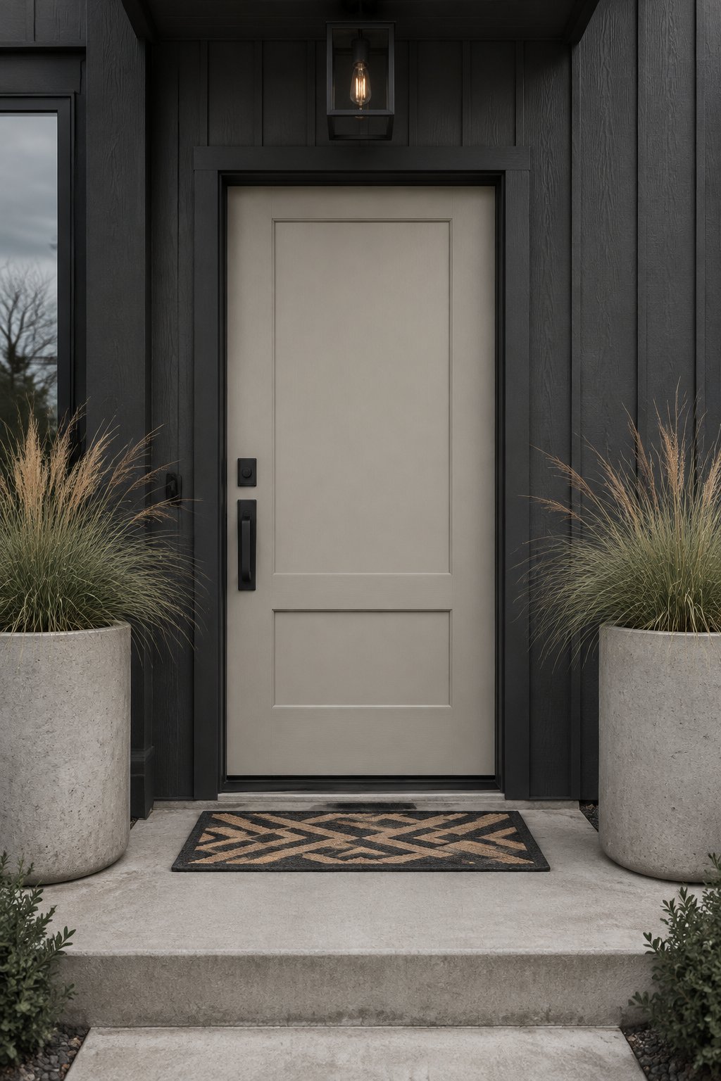 An urban townhouse entryway with a gray front door, dark siding, black hardware, concrete planters, grasses, and a patterned doormat.