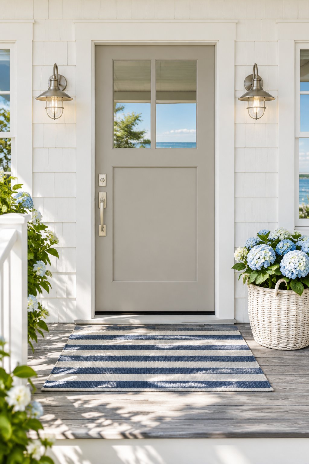 A sunlit cottage porch with a gray front door, pale siding, gray decking, a striped rug, and hydrangeas in a basket.