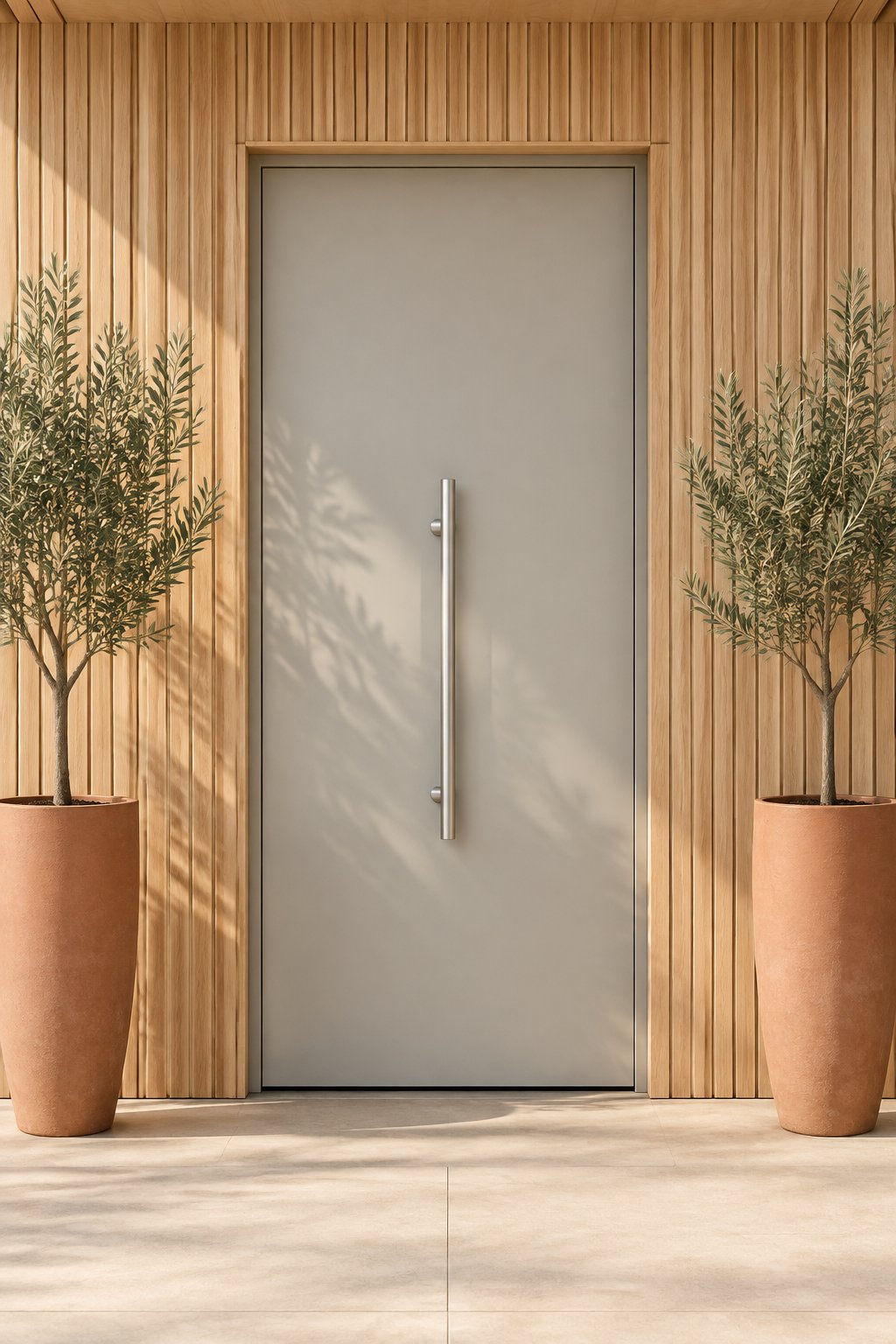 A gray front door with a vertical handle, blond wood siding, and matching terracotta planters holding olive trees on either side.