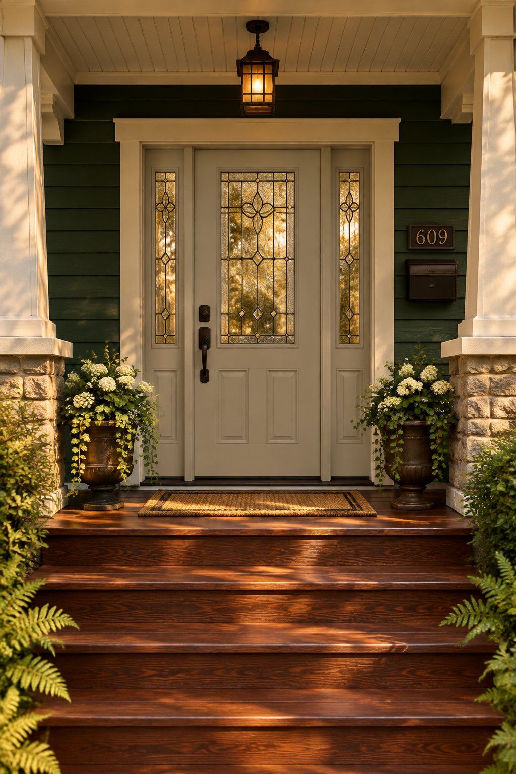 A craftsman home entrance with a gray glass-paneled door, green siding, wooden steps, and a warmly lit porch.