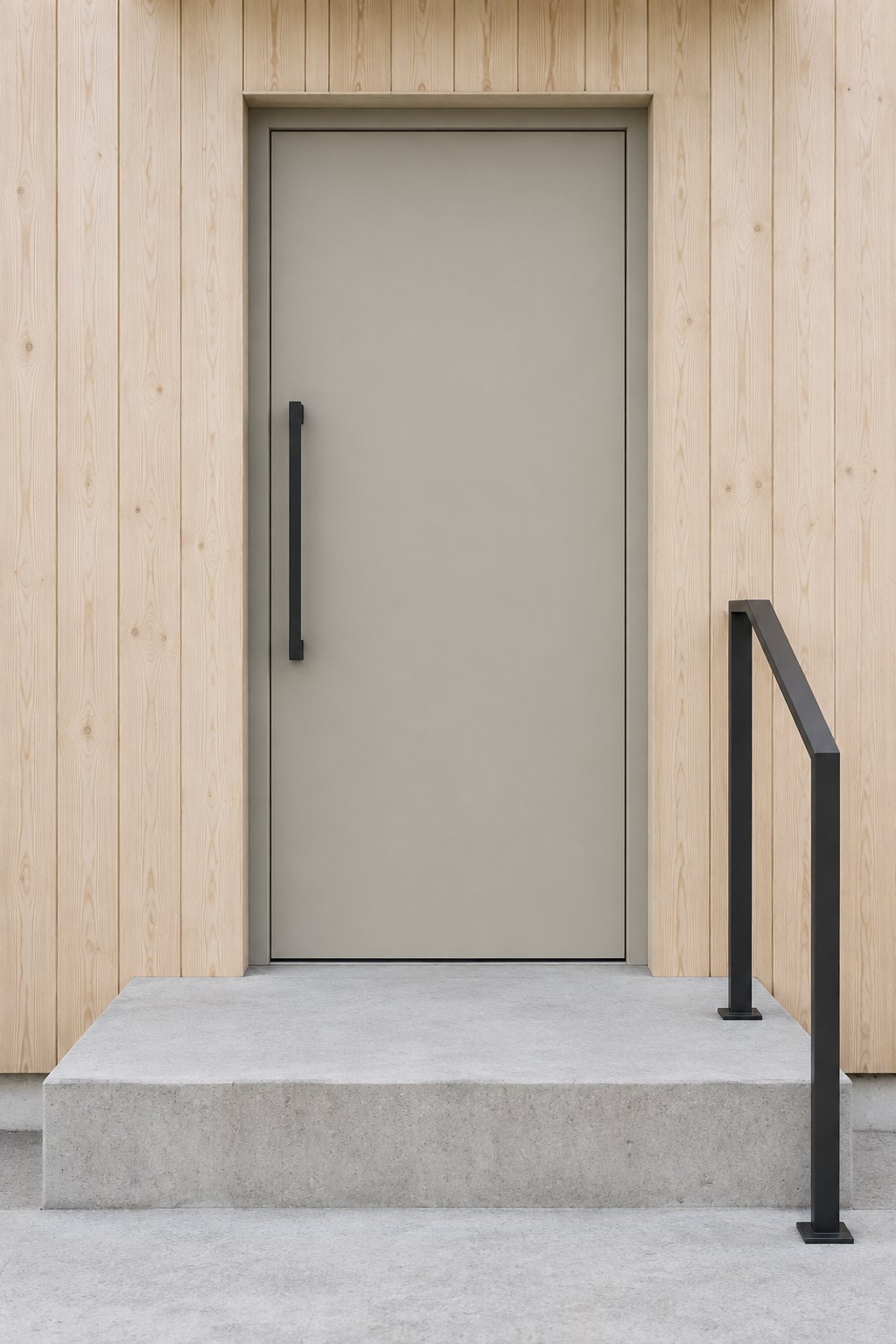 A gray front door in a light wood-clad exterior entrance with a concrete step and black railing.