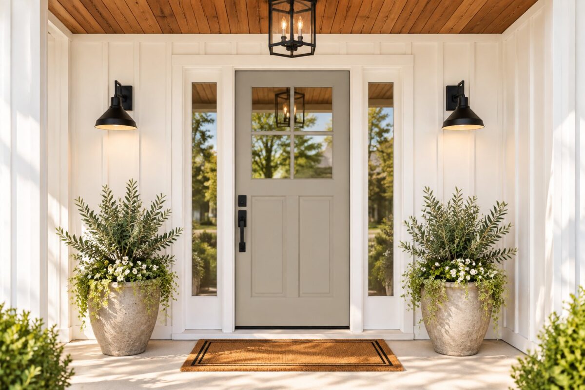 A farmhouse front entryway with a gray door, white siding, black wall lights, a wood porch ceiling, and a doormat.