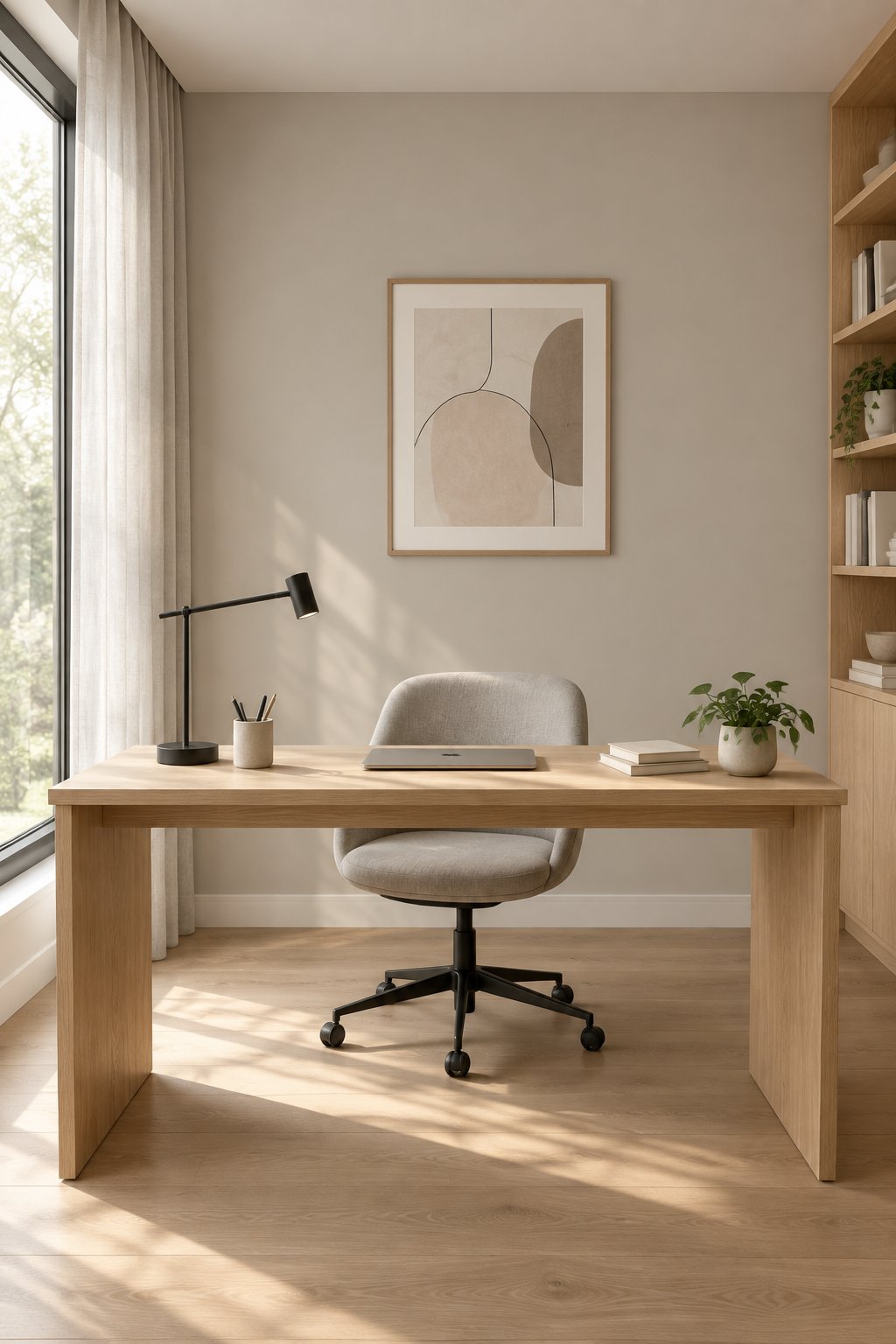 A minimalist home office with gray walls, a light wood desk, a black lamp, and a curtained window.