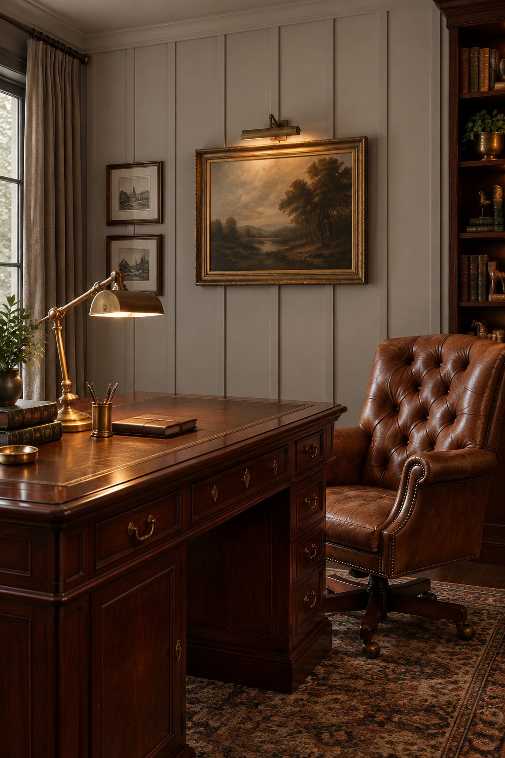 A traditional home office with gray paneled walls, a mahogany desk, a brown leather armchair, and a brass lamp.