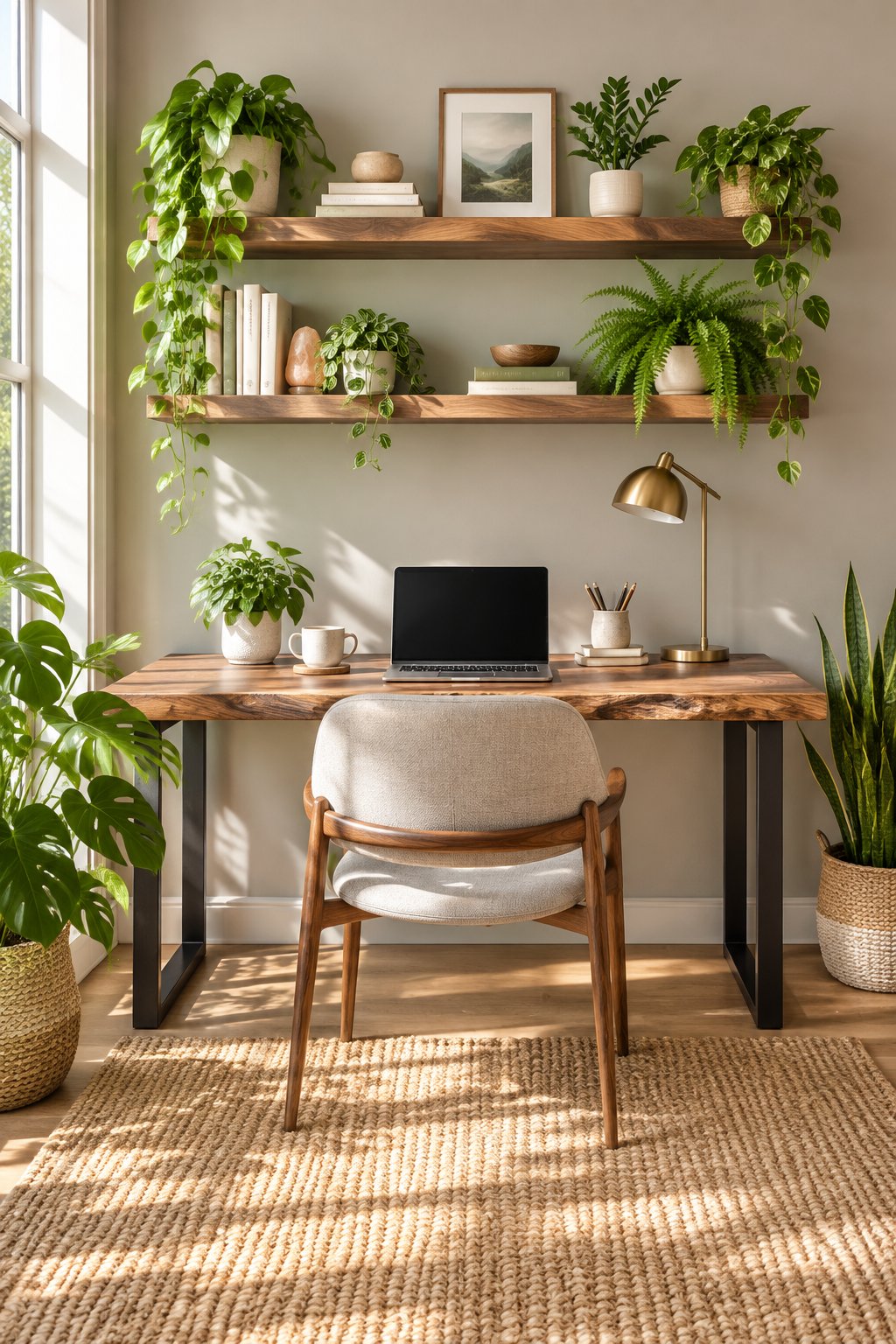 A bright home office with gray walls, green houseplants, wooden shelving, a walnut desk, and a woven rug.