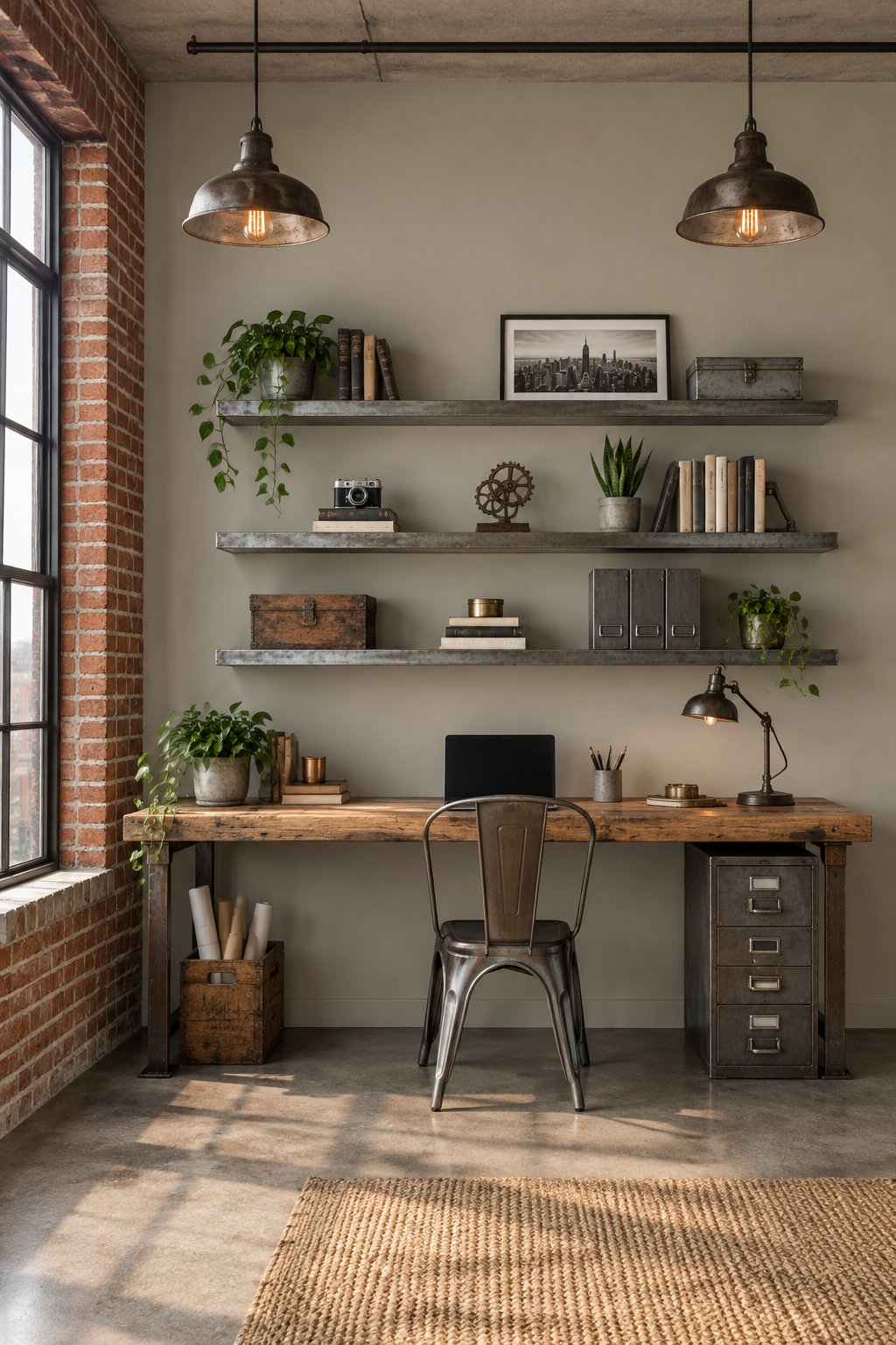 A home office with a gray wall, exposed red brick, shelves, a wooden desk, and hanging lights.