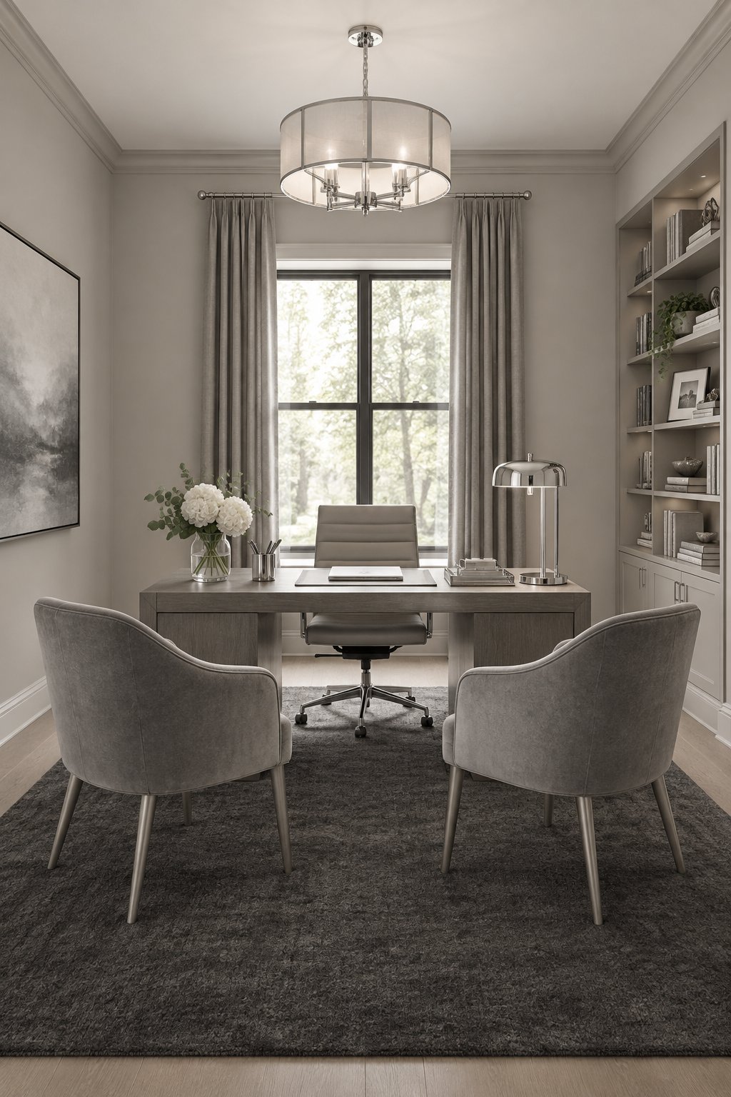 A refined home office with gray walls, a desk, chairs, a rug, and office accessories.