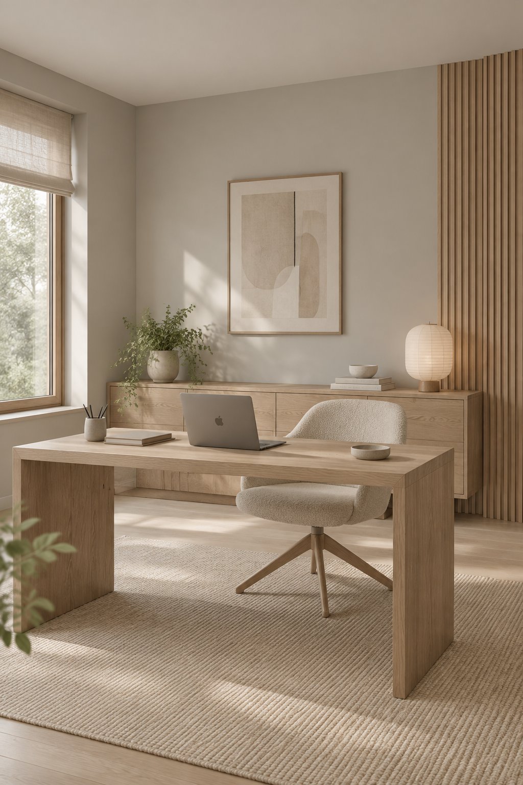 A calm home office with a desk, chair, wood furnishings, and softly lit gray walls.
