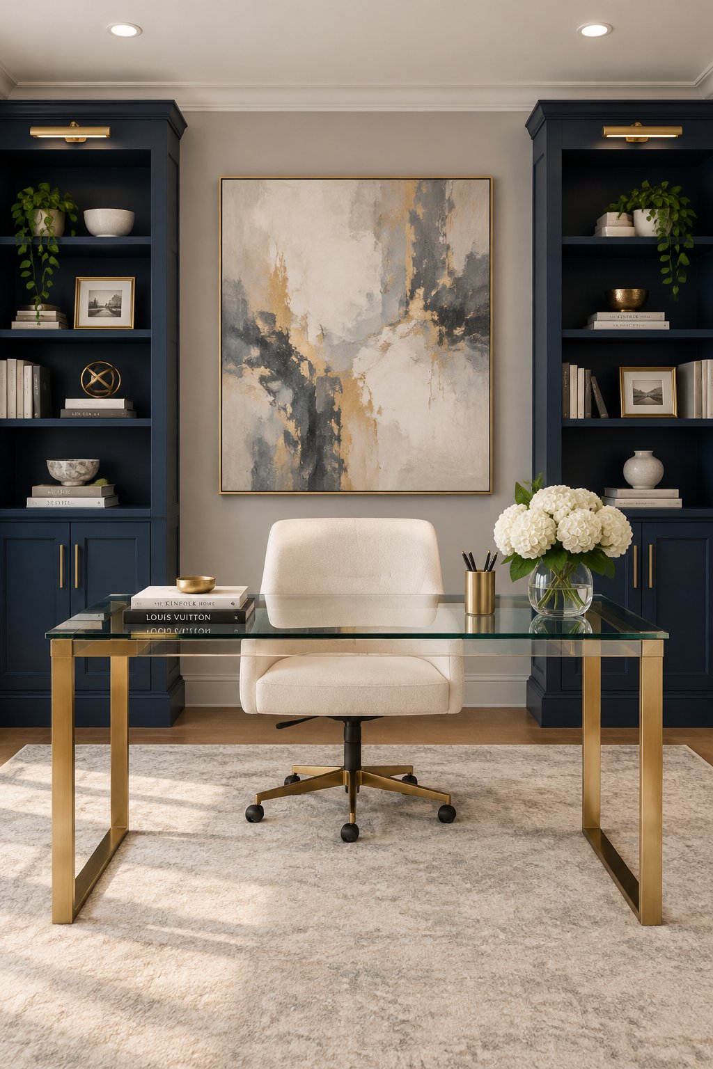 An executive home office corner with gray walls, navy bookshelves, a glass desk, and abstract wall art.