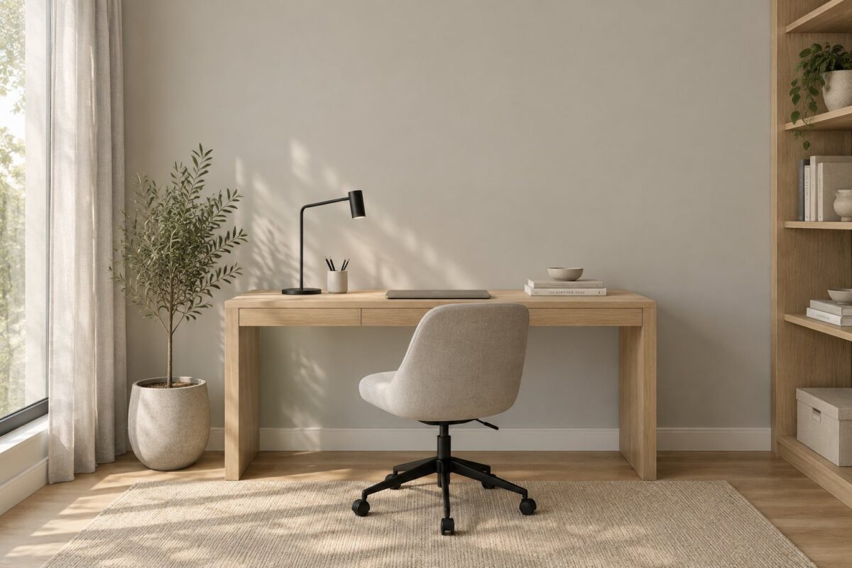 A minimalist home office with gray walls, a light wood desk, a black lamp, curtains, and daylight from a window.