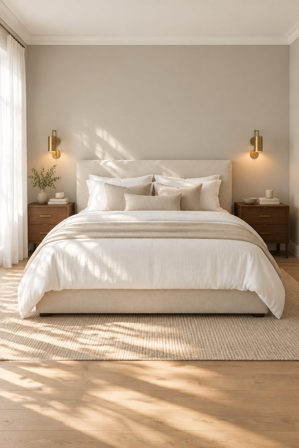 A bright primary bedroom with a king-size bed, walnut nightstands, brass sconces, sheer curtains, and light oak floors.