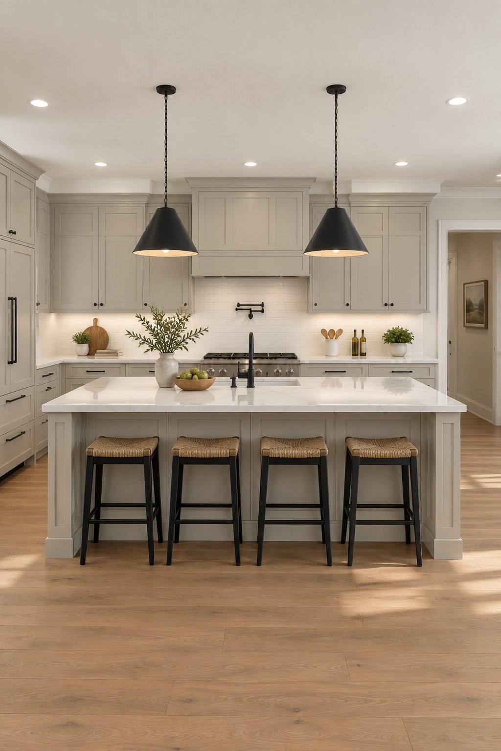 A spacious kitchen with cabinets, countertops, a tiled backsplash, a central island, pendant lights, and barstools.
