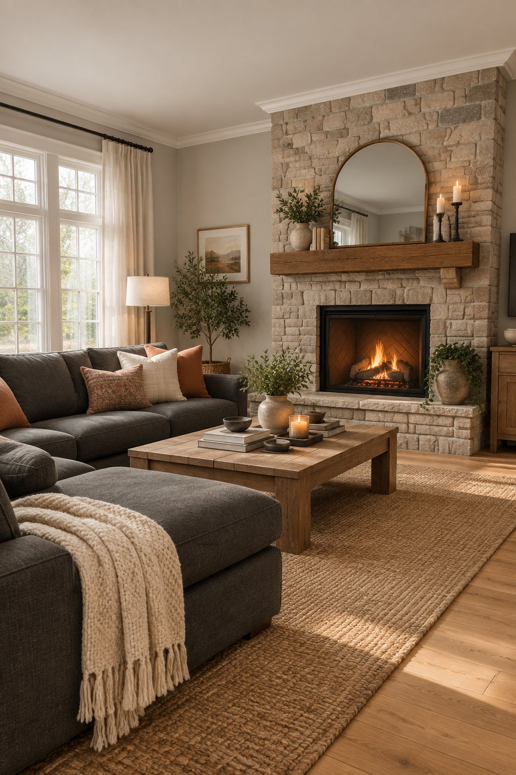 A living room with a sectional sofa, accent pillows, wood flooring, a textured rug, and a stone fireplace.