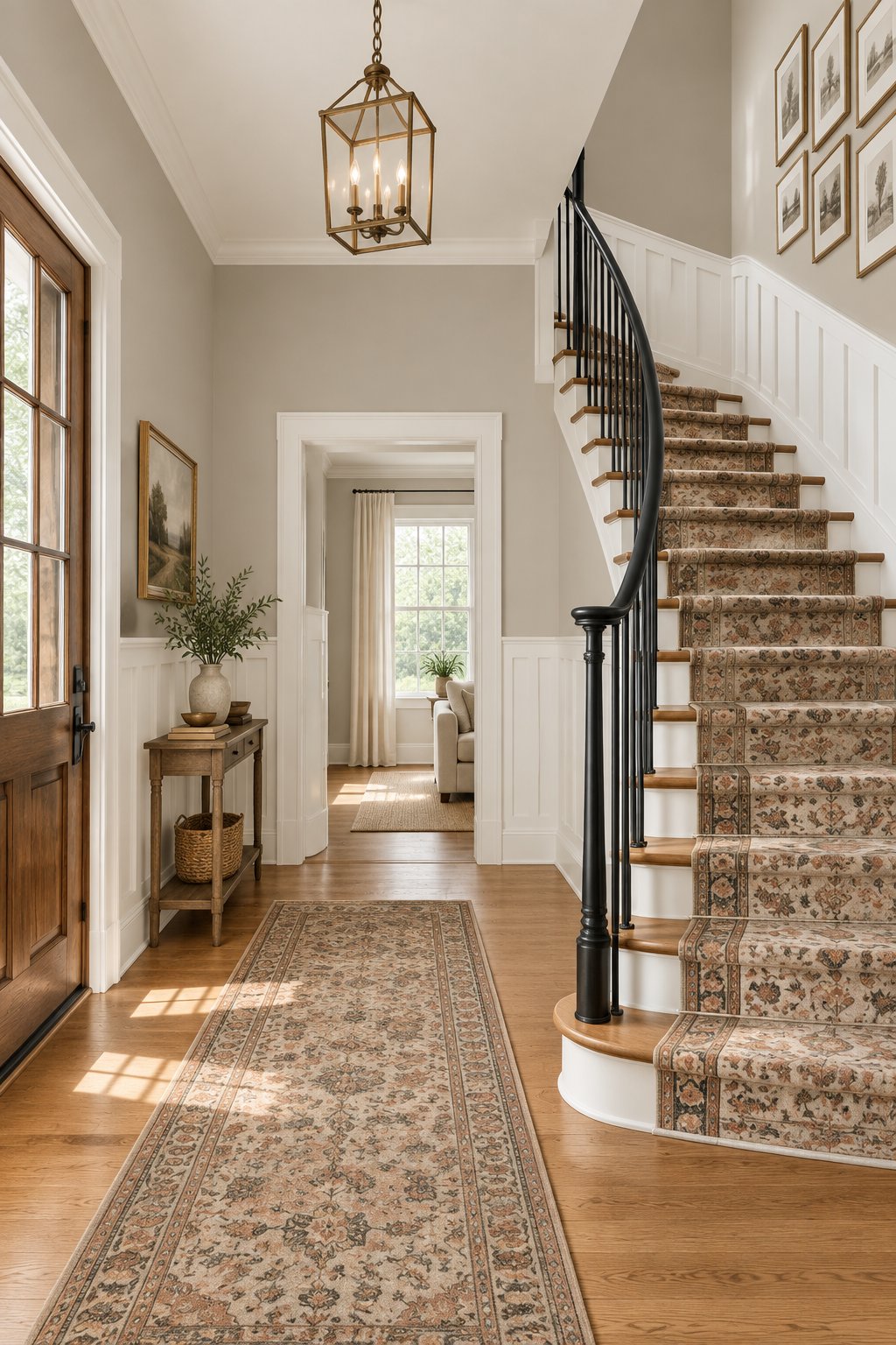 A bright entryway with greige walls, white wainscoting, and a staircase with a black railing and patterned runner.