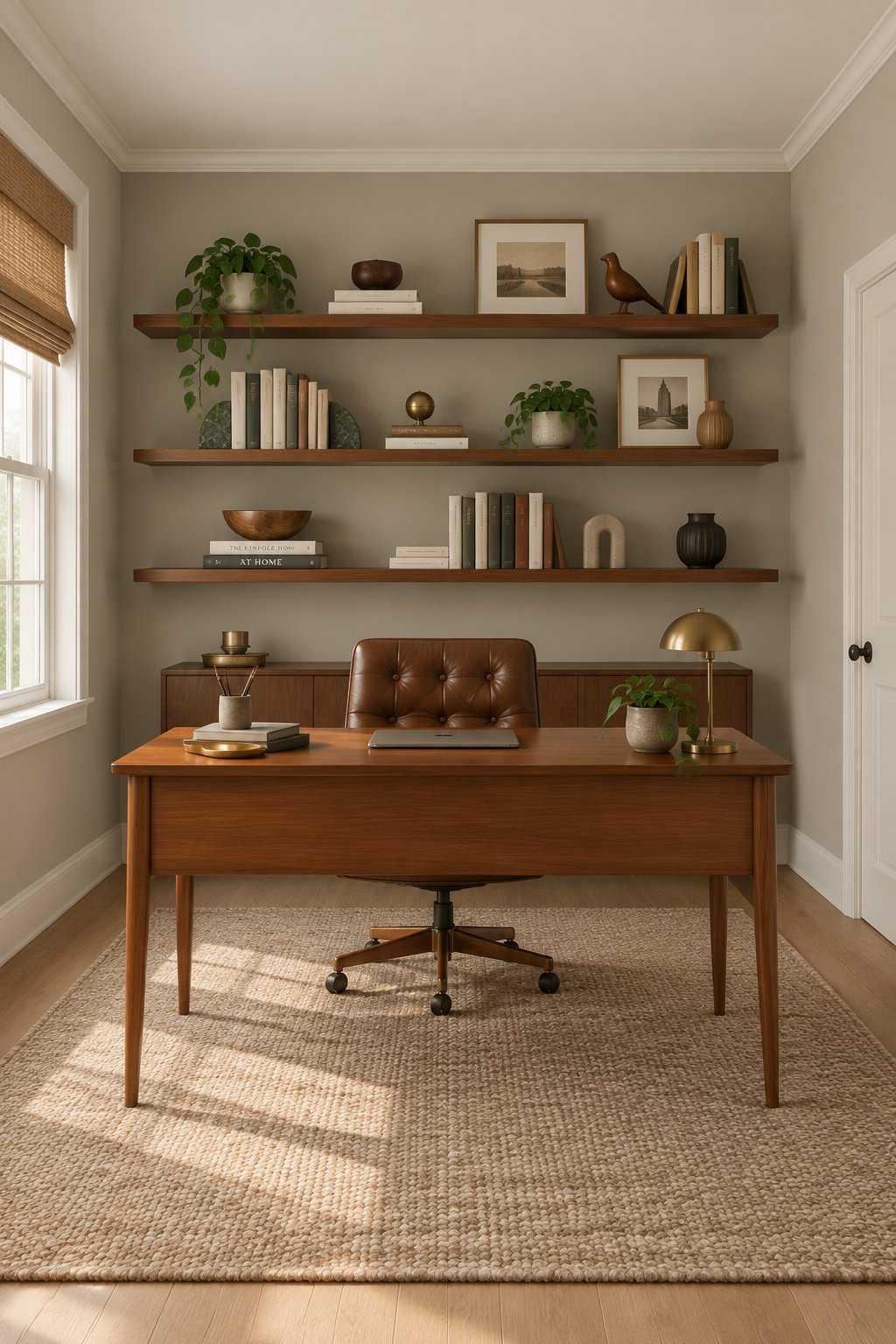 A home office with a central wooden desk, a brown leather chair, and wall-mounted bookshelves.