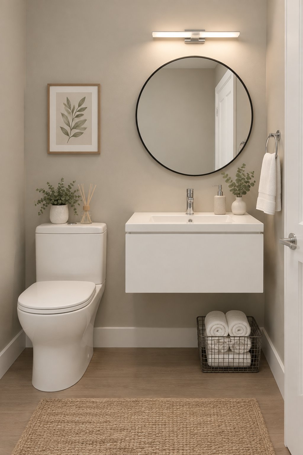A clean guest bathroom with a floating white vanity, round wall mirror, chrome fixtures, and rolled towels in a basket.