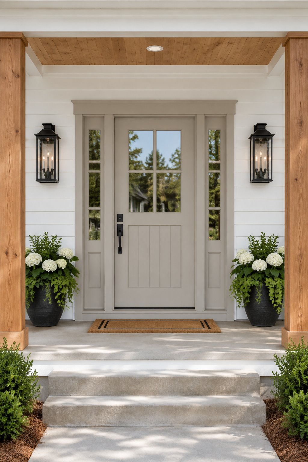 A charming home exterior with a greige front door and trim, white siding, cedar porch posts, and black lanterns.