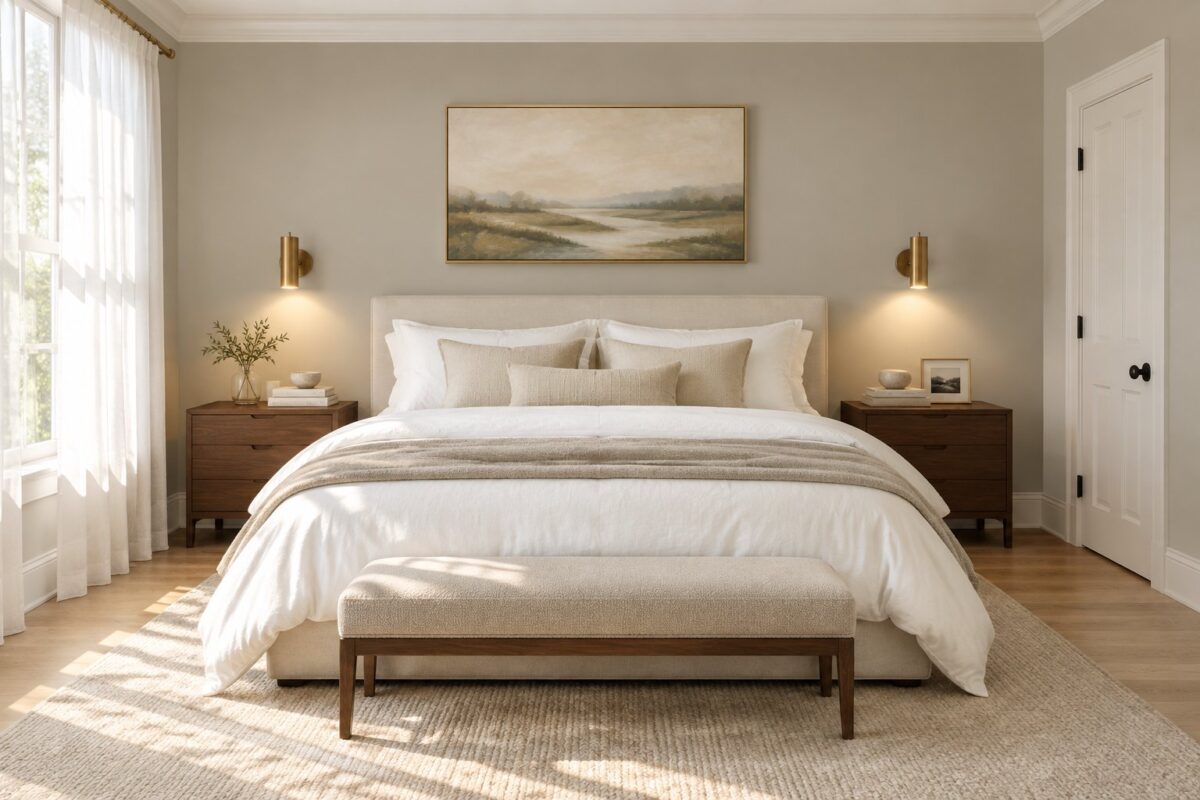 A serene bedroom with a king-size bed, warm greige walls, wooden nightstands, brass sconces, sheer curtains, and sunlight on oak floors.
