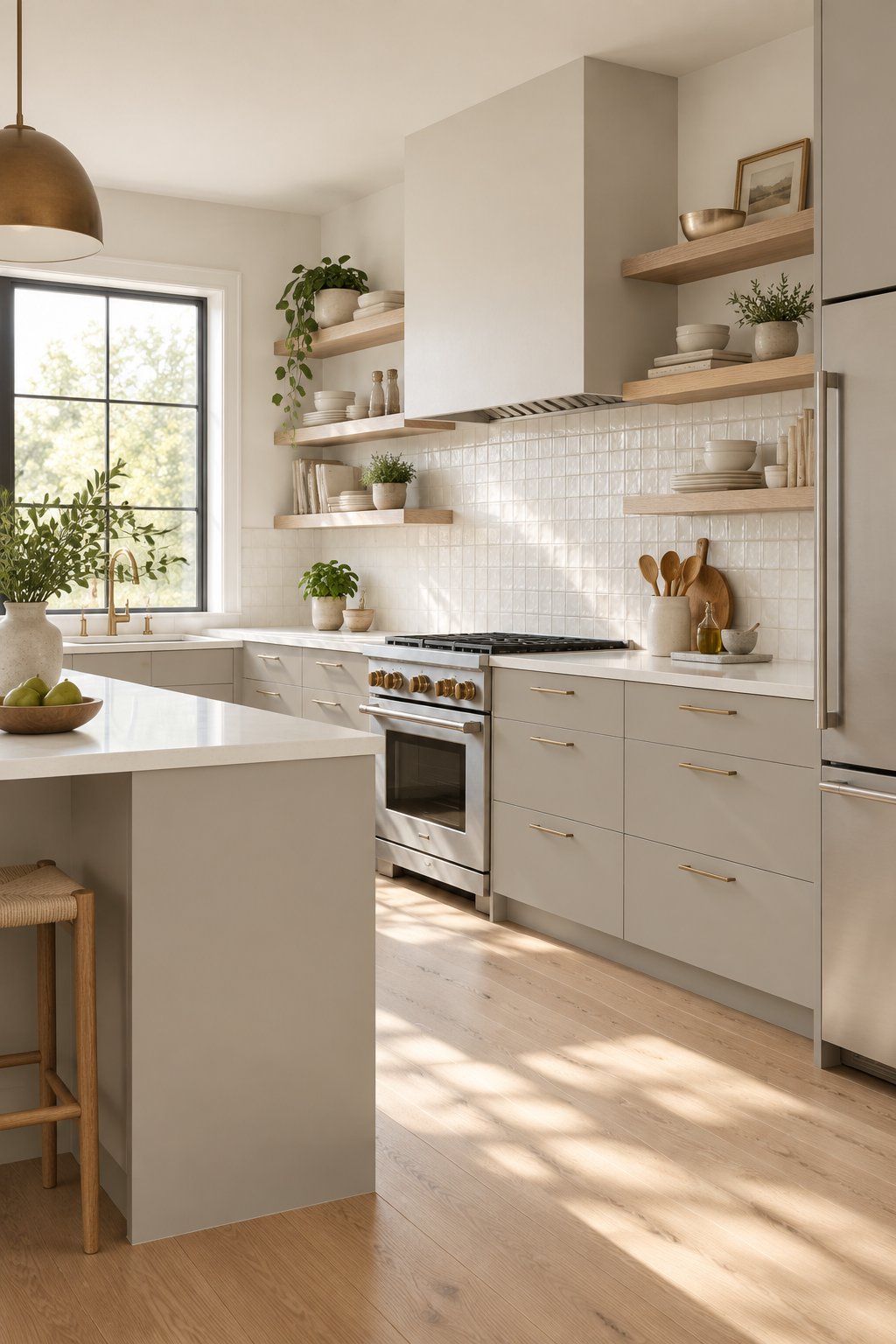 A bright kitchen with gray cabinets, light countertops, open wood shelves, brass hardware, and a large window.