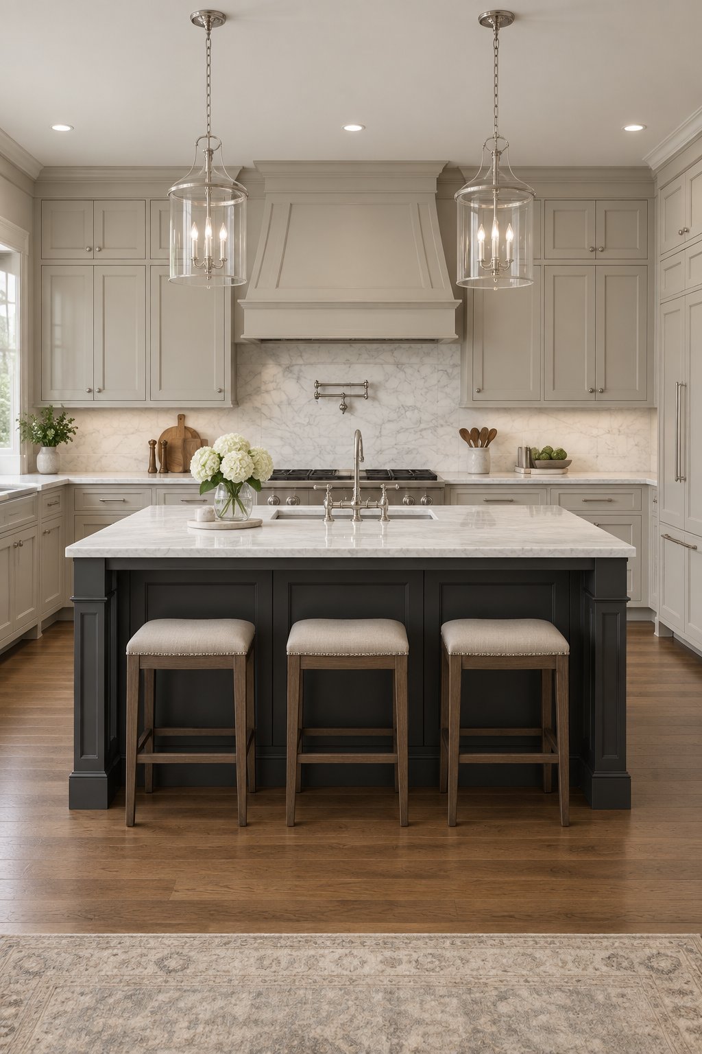 A kitchen with light gray perimeter cabinets, a dark island, marble countertops, metal faucets, and pendant lights.