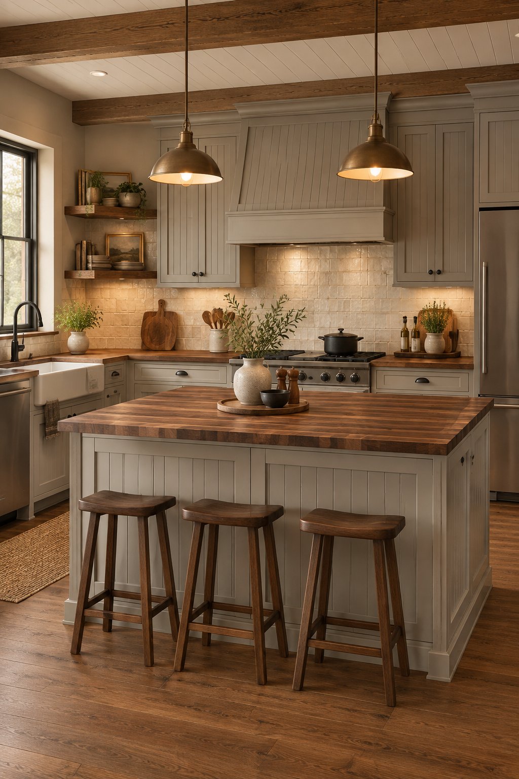A warm kitchen with gray cabinets, a central island, dark hardware, and a tiled backsplash.