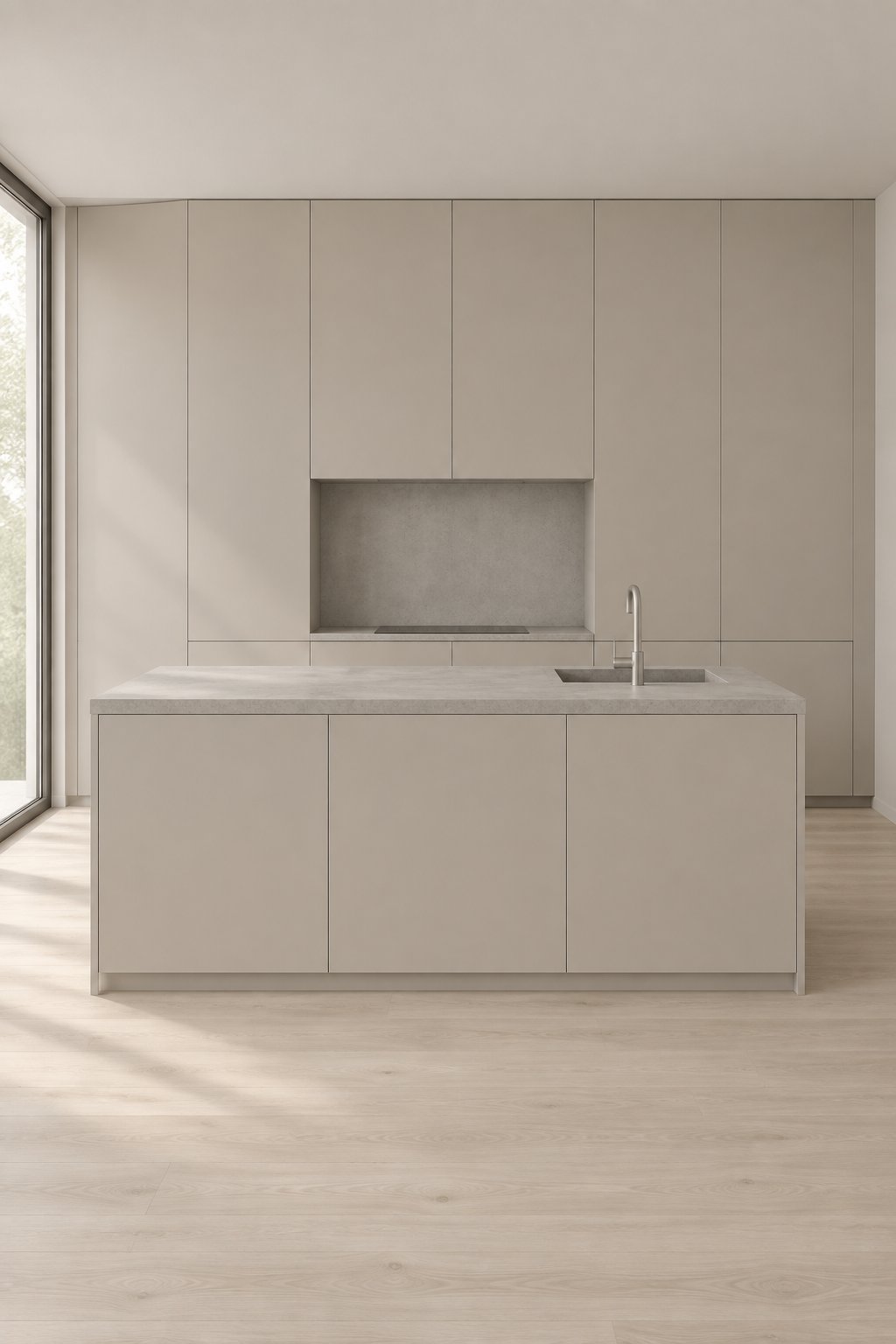 A bright kitchen with pale cabinetry, wood flooring, concrete countertops, and natural daylight.