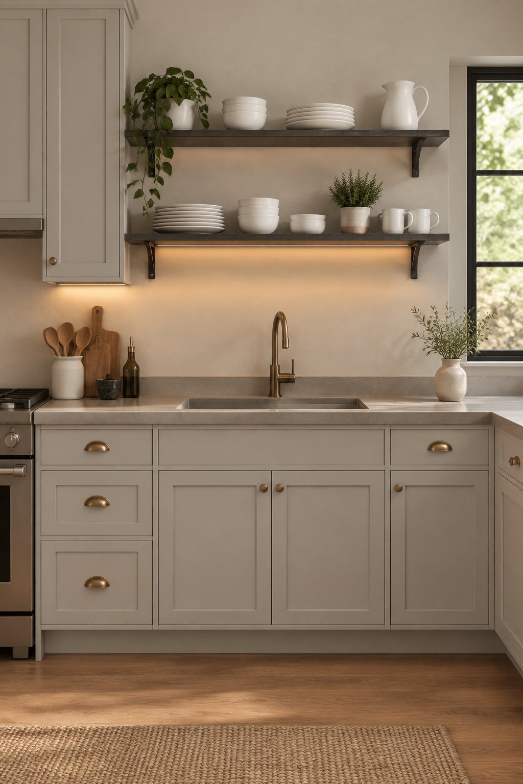 A kitchen with gray cabinets, concrete countertops, open shelves, white dishes, and warm lighting.